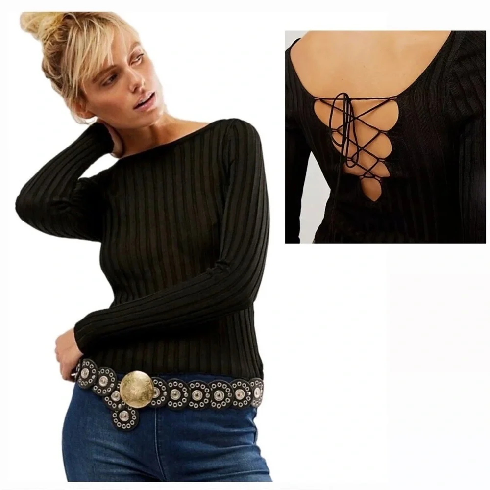 NWOT Free People Hits Different Lace Up Long Sleeve Black